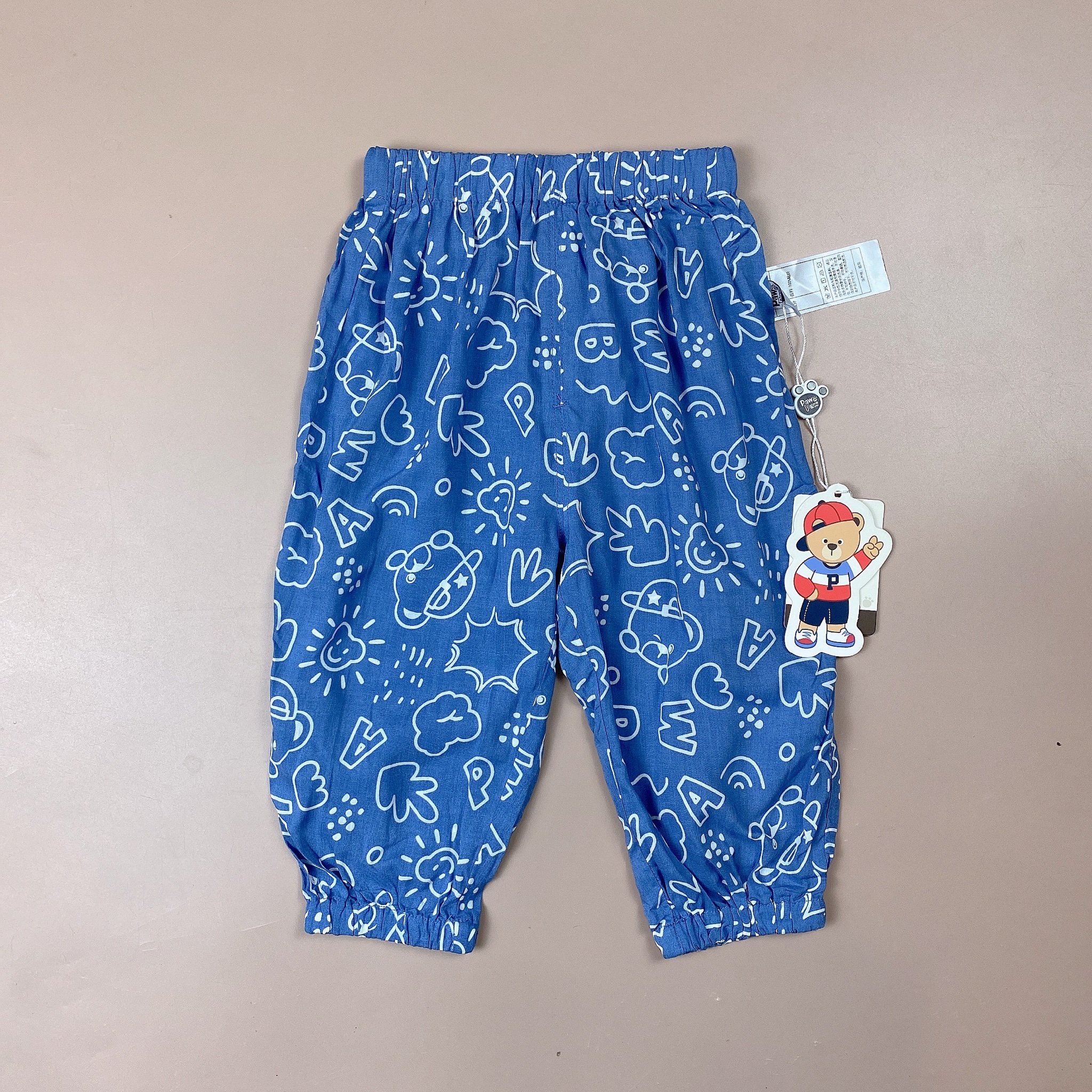 Quần lanh bo gấu xuất Hàn hình gấu chữ in tràn 3 màu size 80 - 160