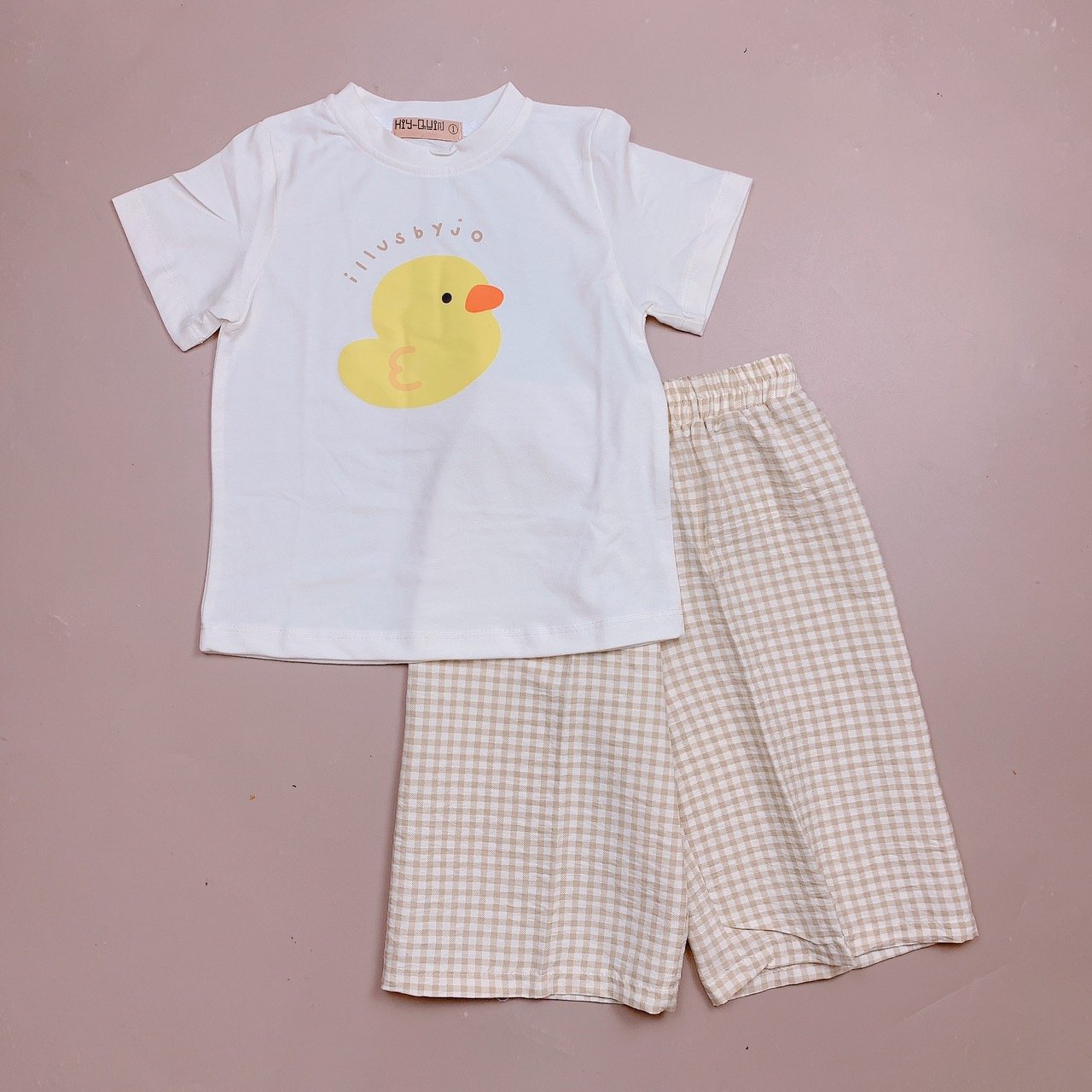 Bộ Hiy - Quin áo cotton hình vịt / gấu + quần kẻ caro nhiều màu size 2-6y
