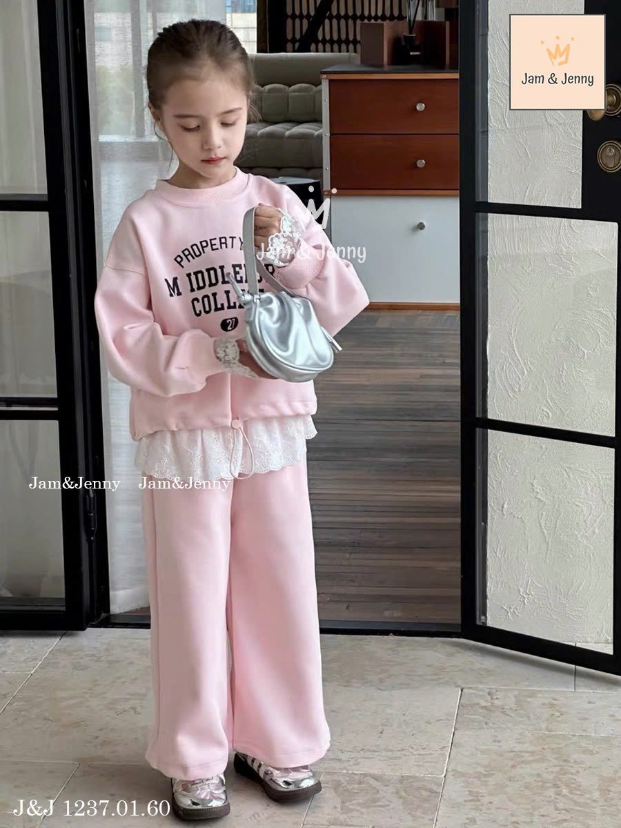 JJ 1237 - Bộ nỉ da cá mỏng Jam & Jenny 2 màu hồng/xanh bé gái size 2-12y