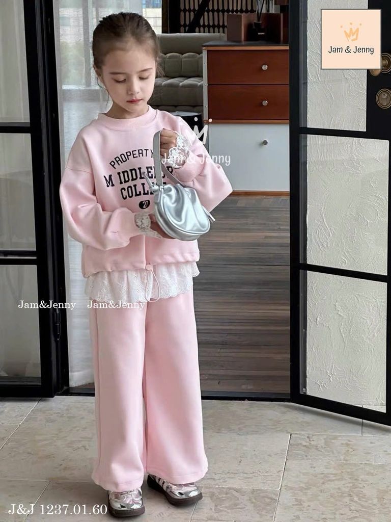 JJ 1237 - Bộ nỉ da cá mỏng Jam & Jenny 2 màu hồng/xanh bé gái size 2-12y