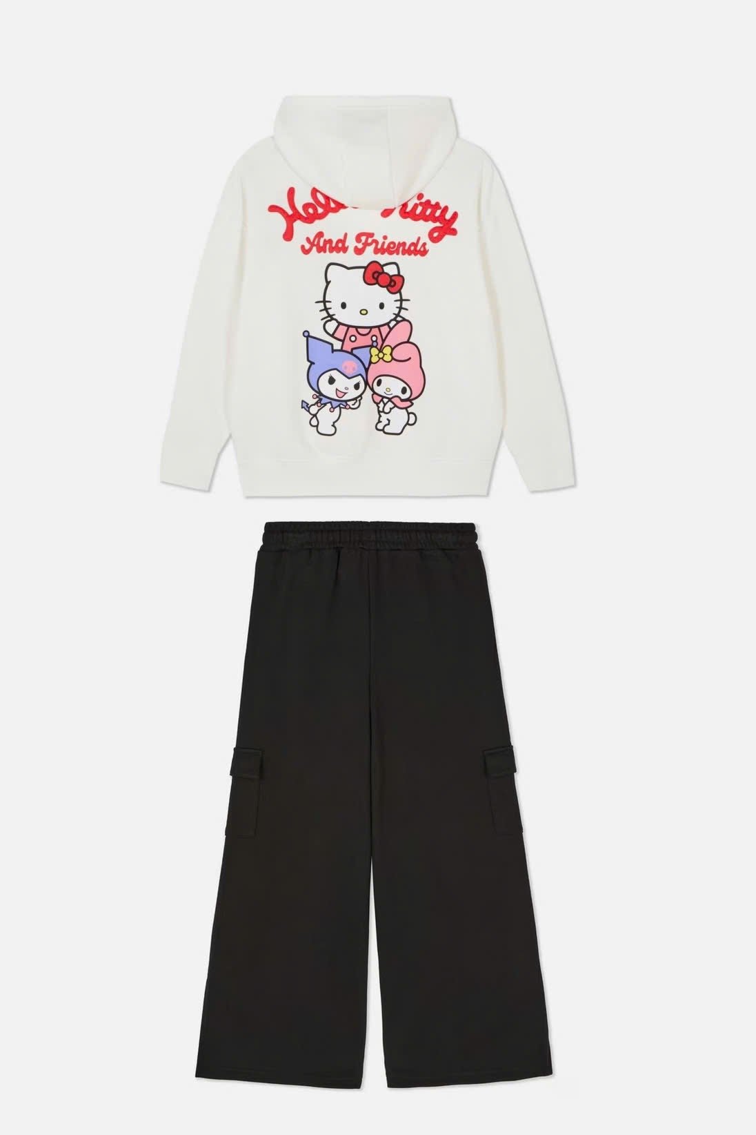 Bộ nỉ bông Primark dòng Đại áo trắng Hello Kitty - quần ống xuông đen size 8 - 15y