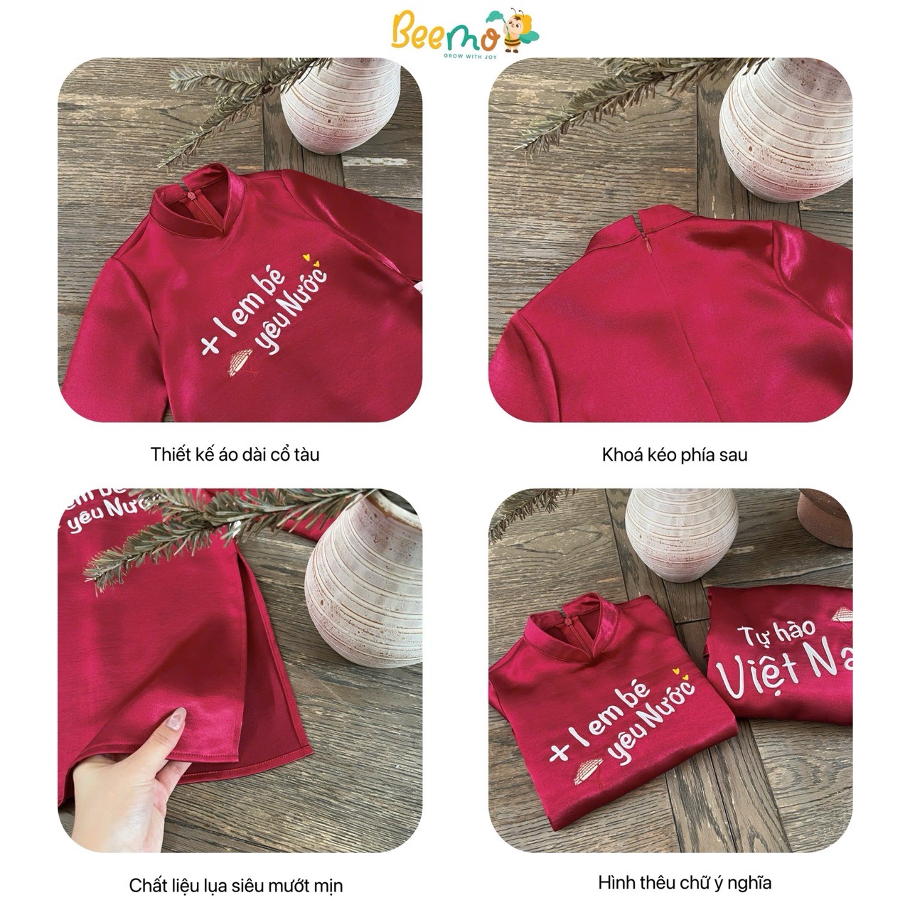Áo dài lụa Beemo màu đỏ thêu Trend Việt Nam size 1-10y