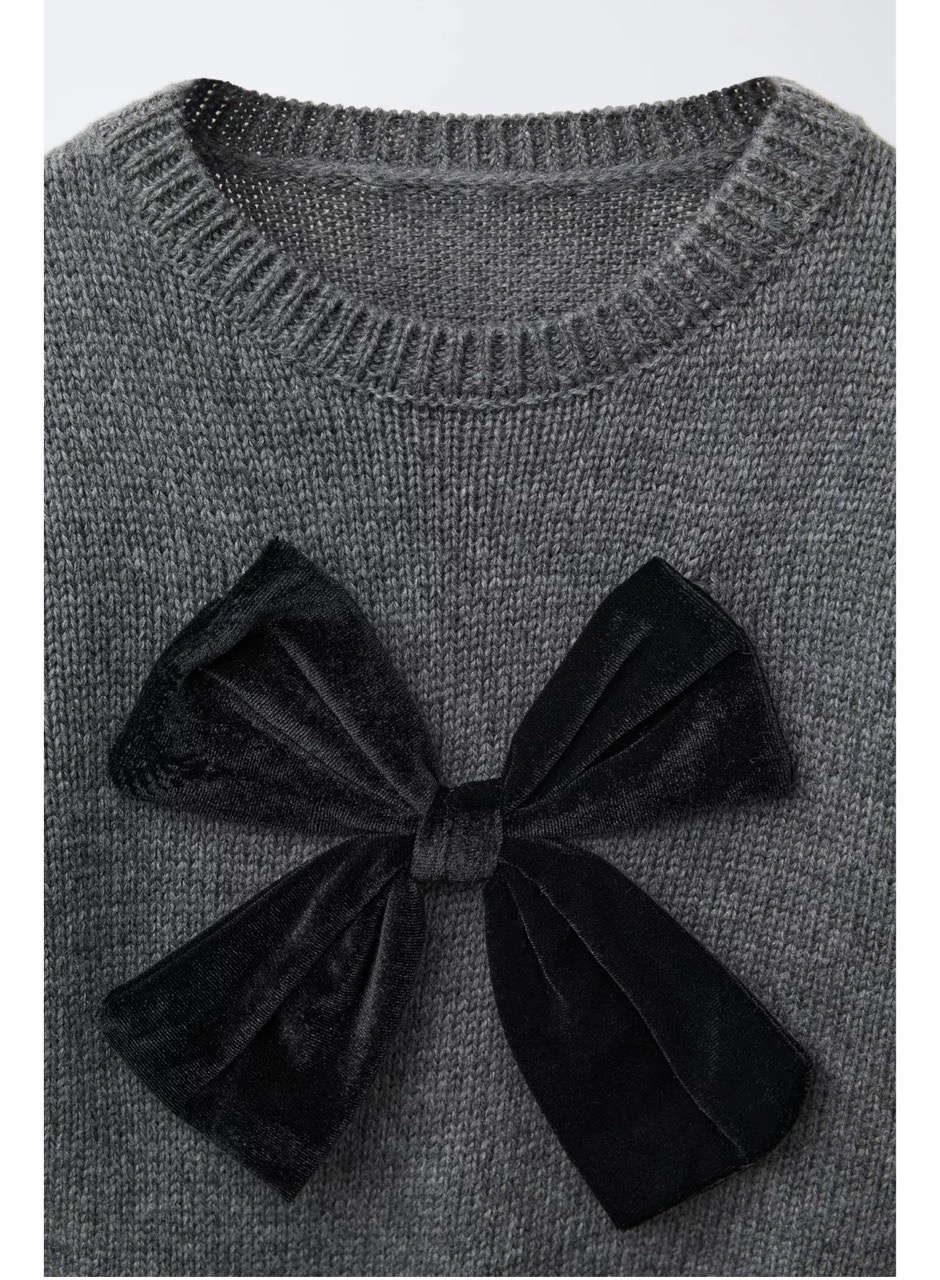 ALBG02 - Áo len màu ghi đính nơ nhung đen size 12m - 6y