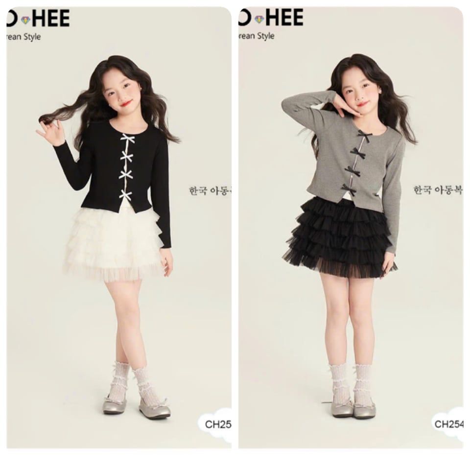 CH25449 - Bộ Cho Hee áo cotton đính nơ + chân váy tutu 2 màu bé gái size 2-11y