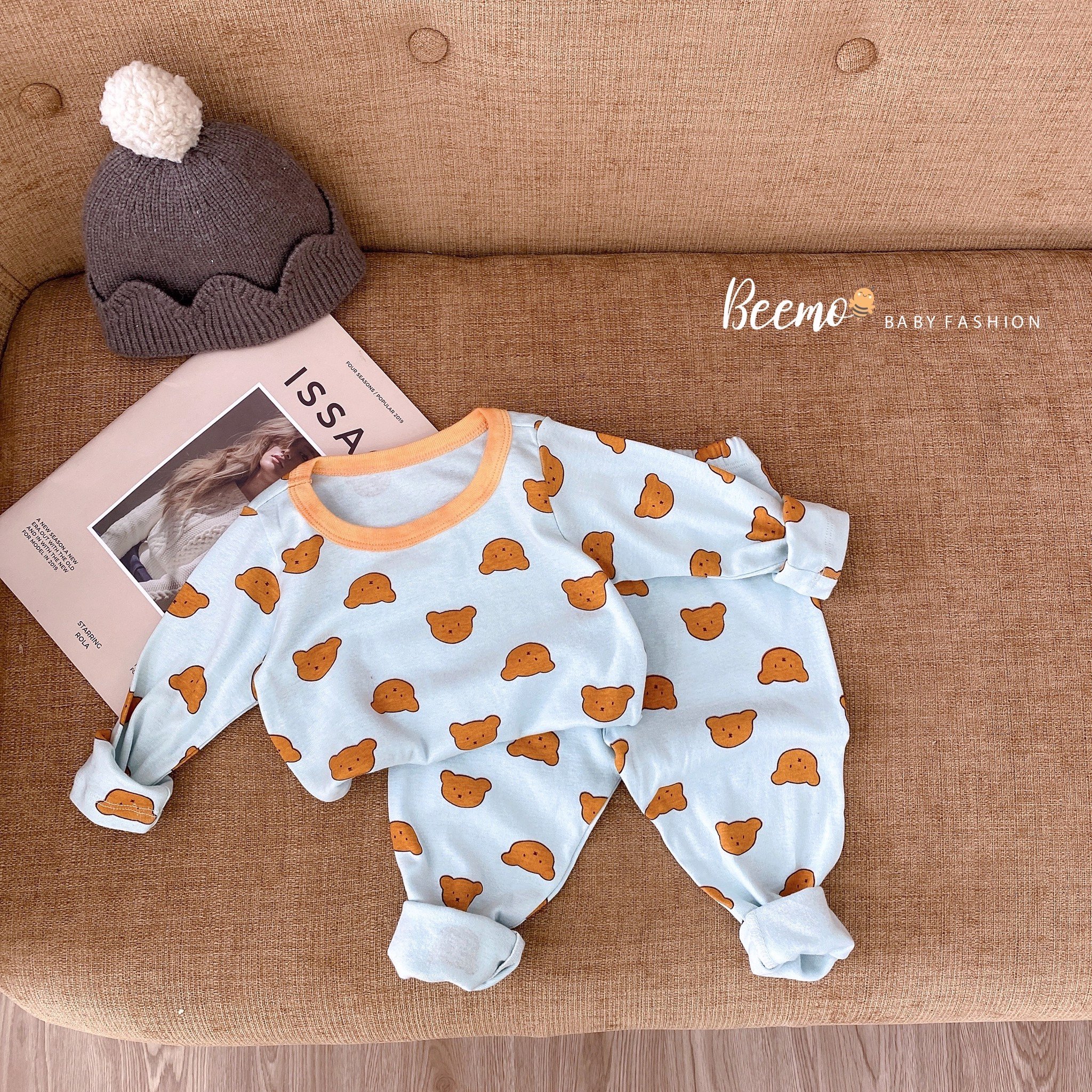 Bộ cotton Beemo hình mặt gấu in tràn 3 màu size 80 - 130