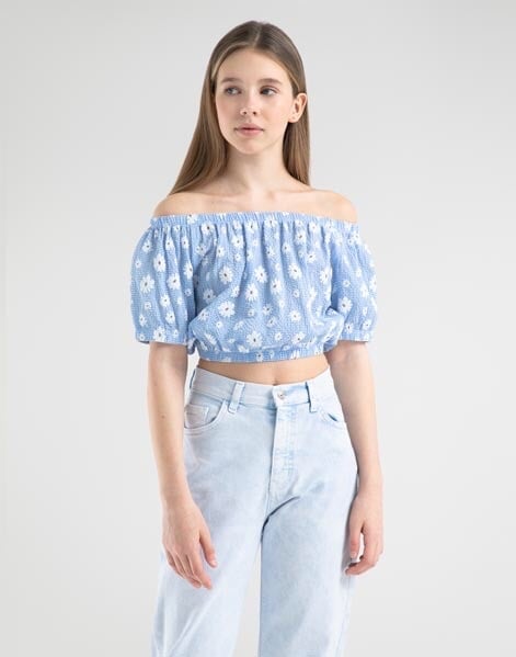 Áo croptop trễ vai bo chun hoa xanh/vàng BG