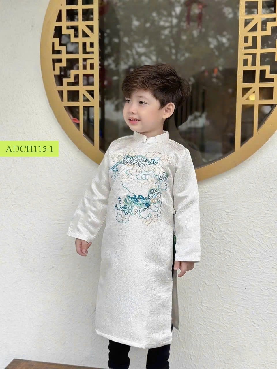 ADCH115 - Áo dài Chohee thêu họa tiết rồng cho bé trai 2 màu trắng/đỏ size 3-12y (không kèm quần)