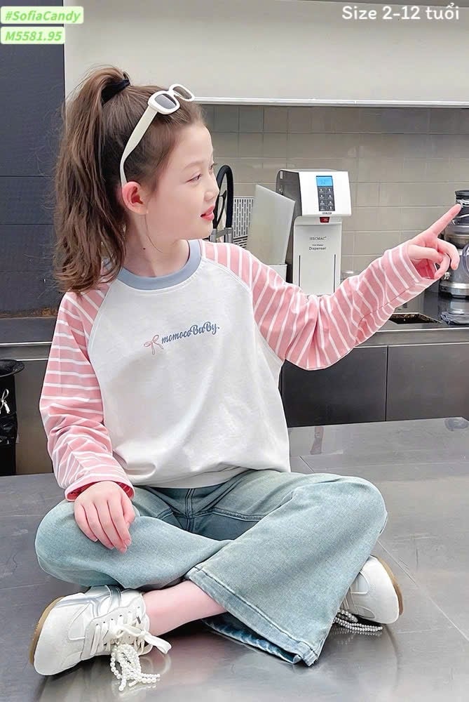 M5581 - Set bộ Mia Kids áo dài tay kẻ hồng + quần jean bé gái size 2-12y