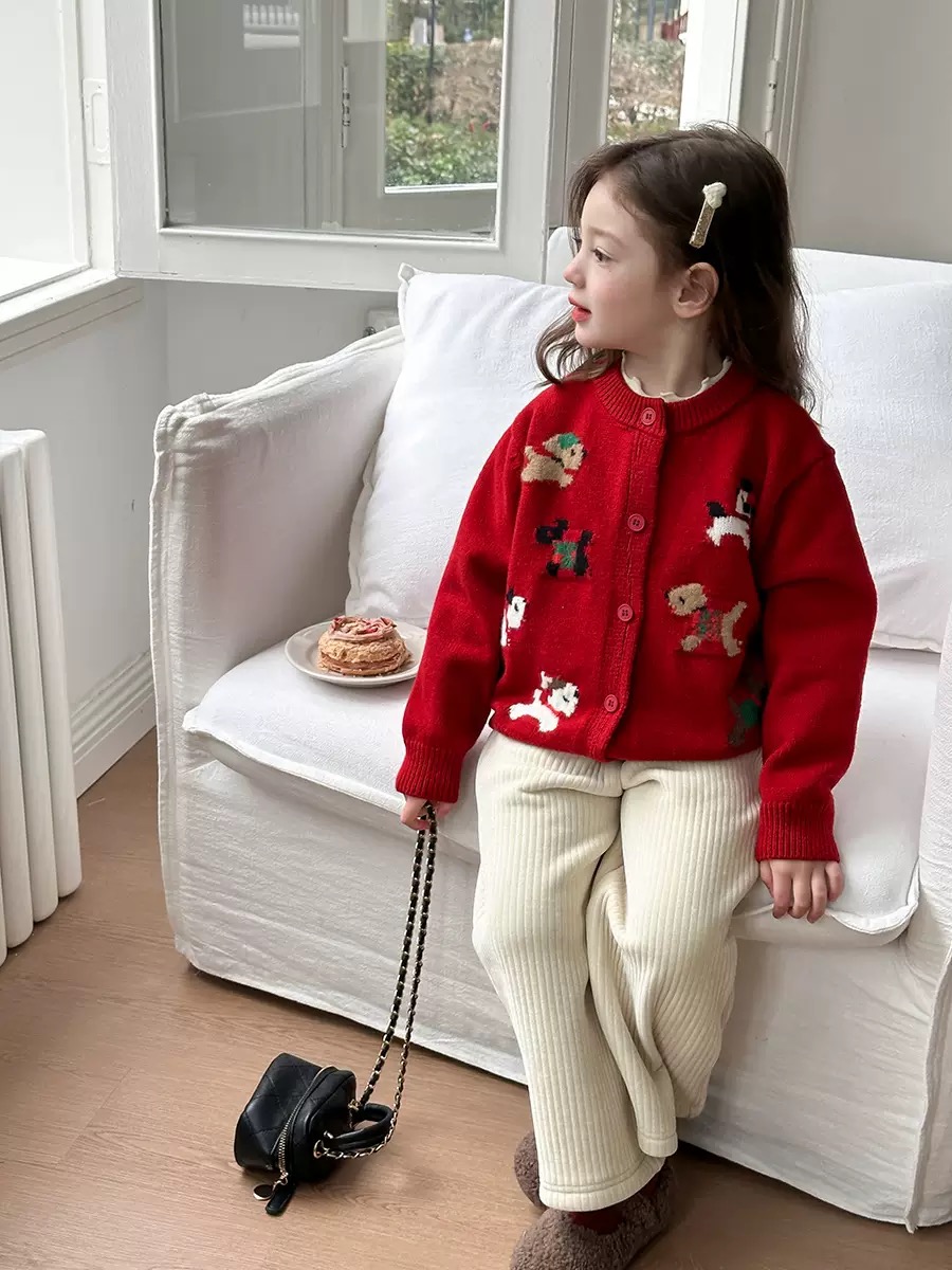 Cardigan len AMBB hoạ tiết cún 2 màu đỏ/kem bé gái size 90-160