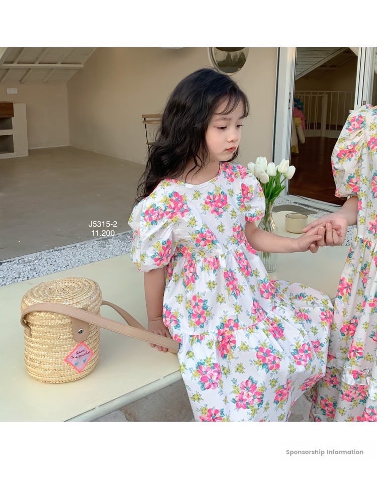 V00026 - Váy thô June xếp tầng tay bồng 2 màu hoa size 1 - 10y