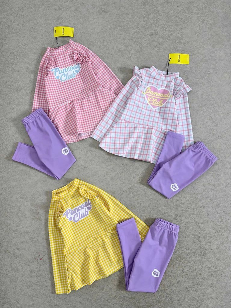 Bộ bơi dài tay Pancoat Club áo kẻ caro 3 màu - quần tím size 3 - 13y