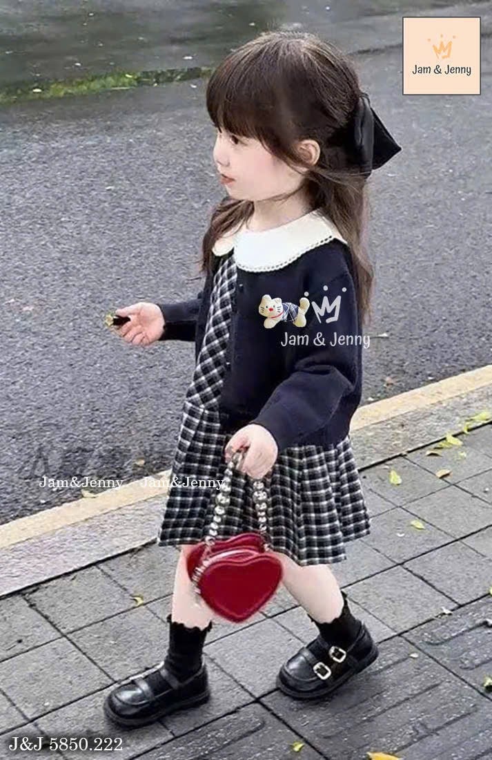 JJ 5850 - Set 2ct Jam & Jenny váy kẻ caro xanh cổ sen + cardigan bé gái size 2-12y