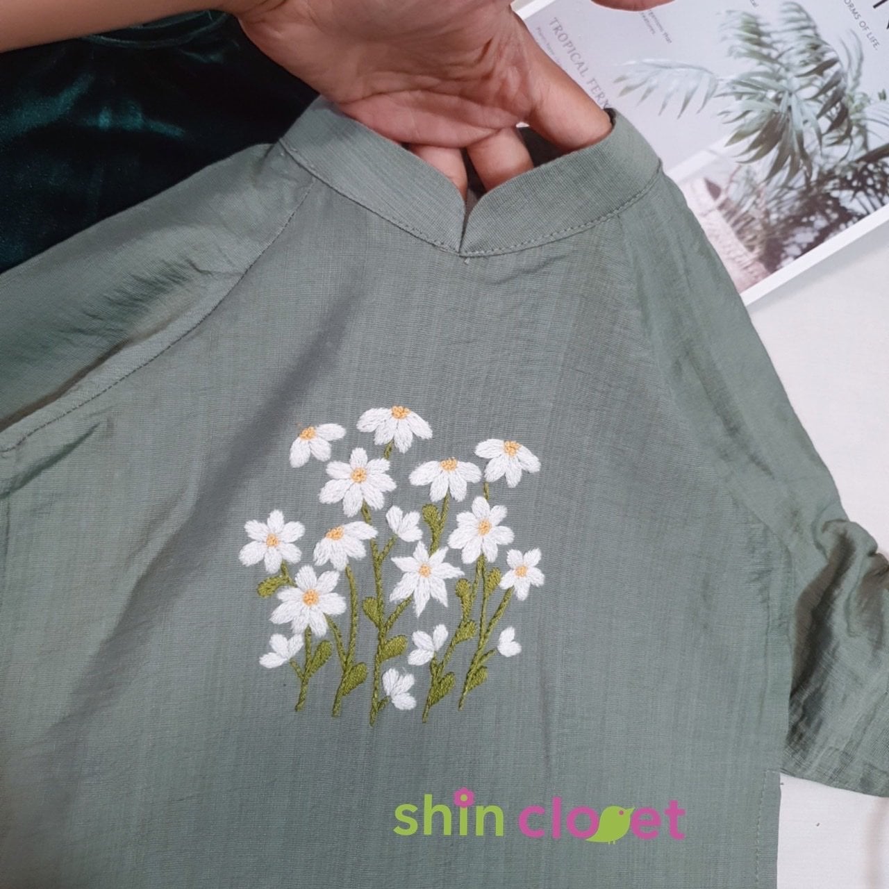 [1-5] Áo dài shin closet bé gái - linen thêu tay - xanh
