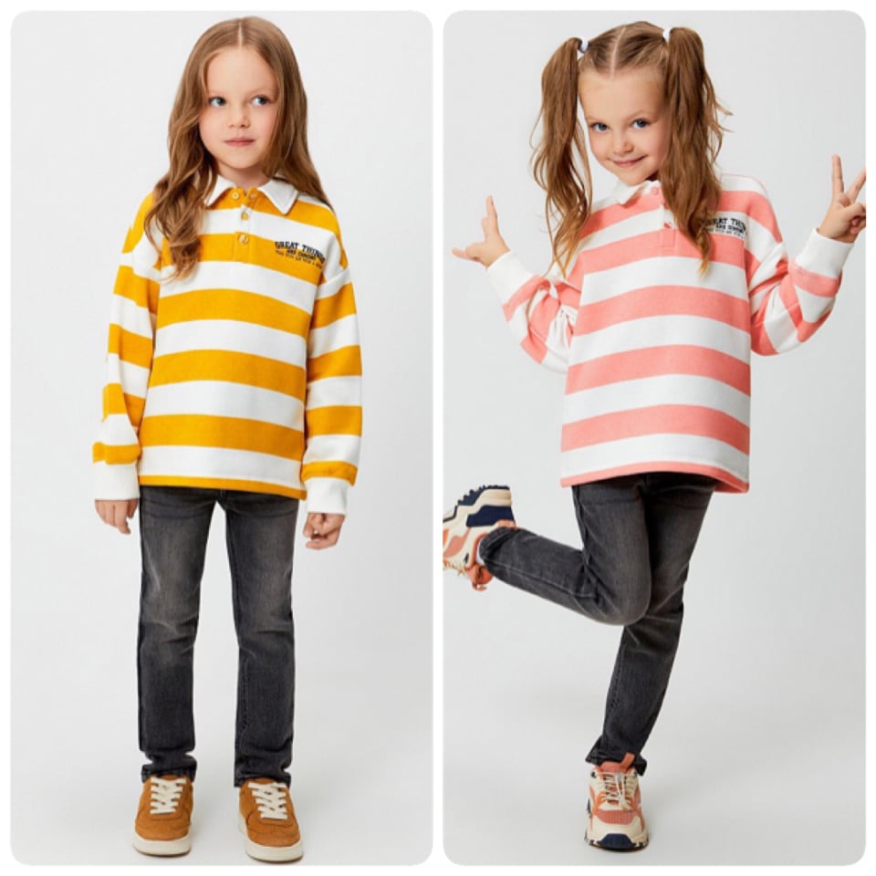 Áo nỉ bông polo 2 màu kẻ vàng trắng / kẻ hồng trắng size 98 - 158