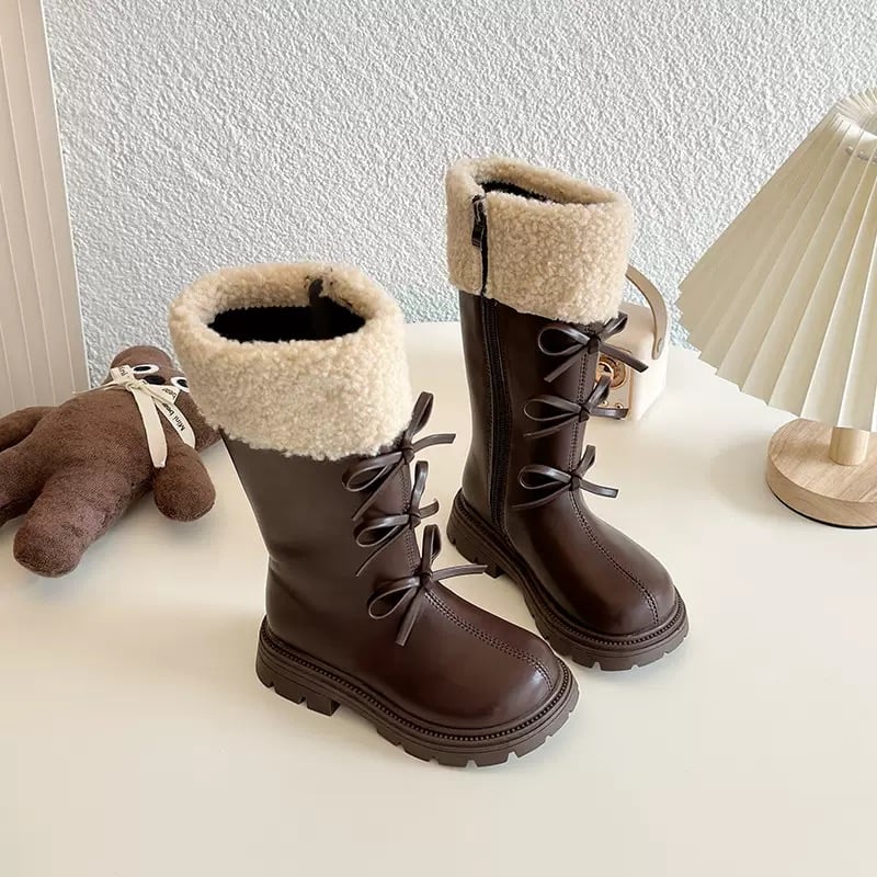 Bốt da cao cổ viền lông đính nơ 2 màu đen/nâu bé gái size 26-36