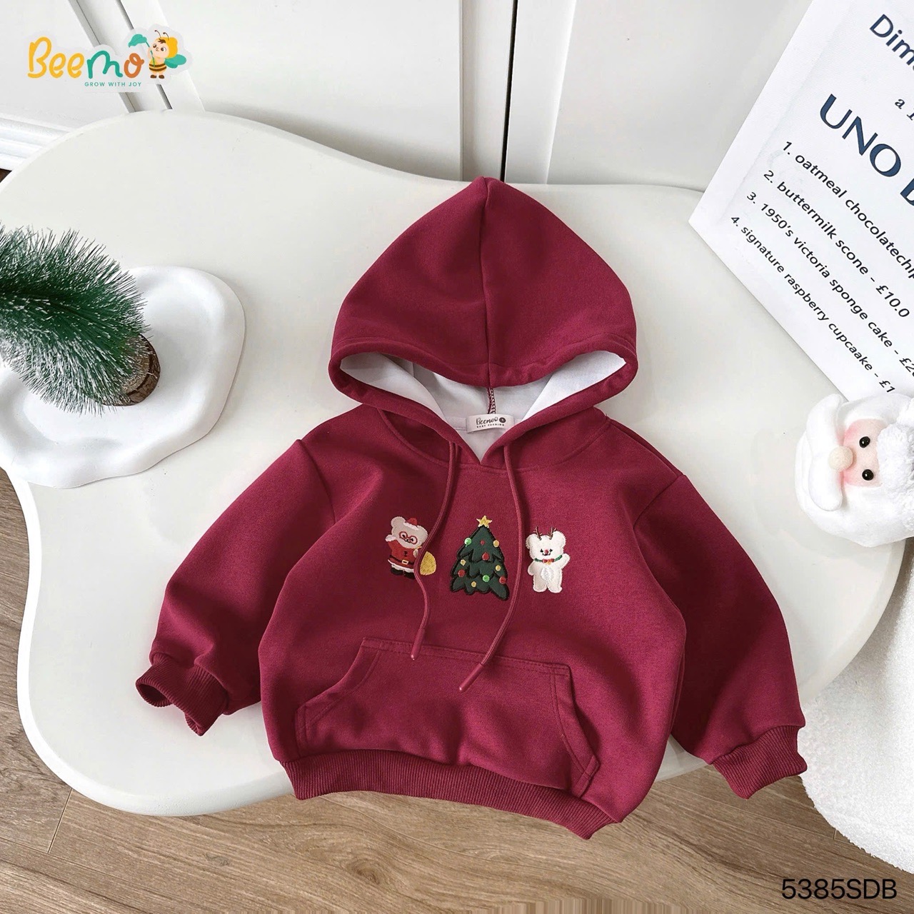 Áo nỉ Beemo hoodie hai da màu đỏ noel cho bé size 1-10y