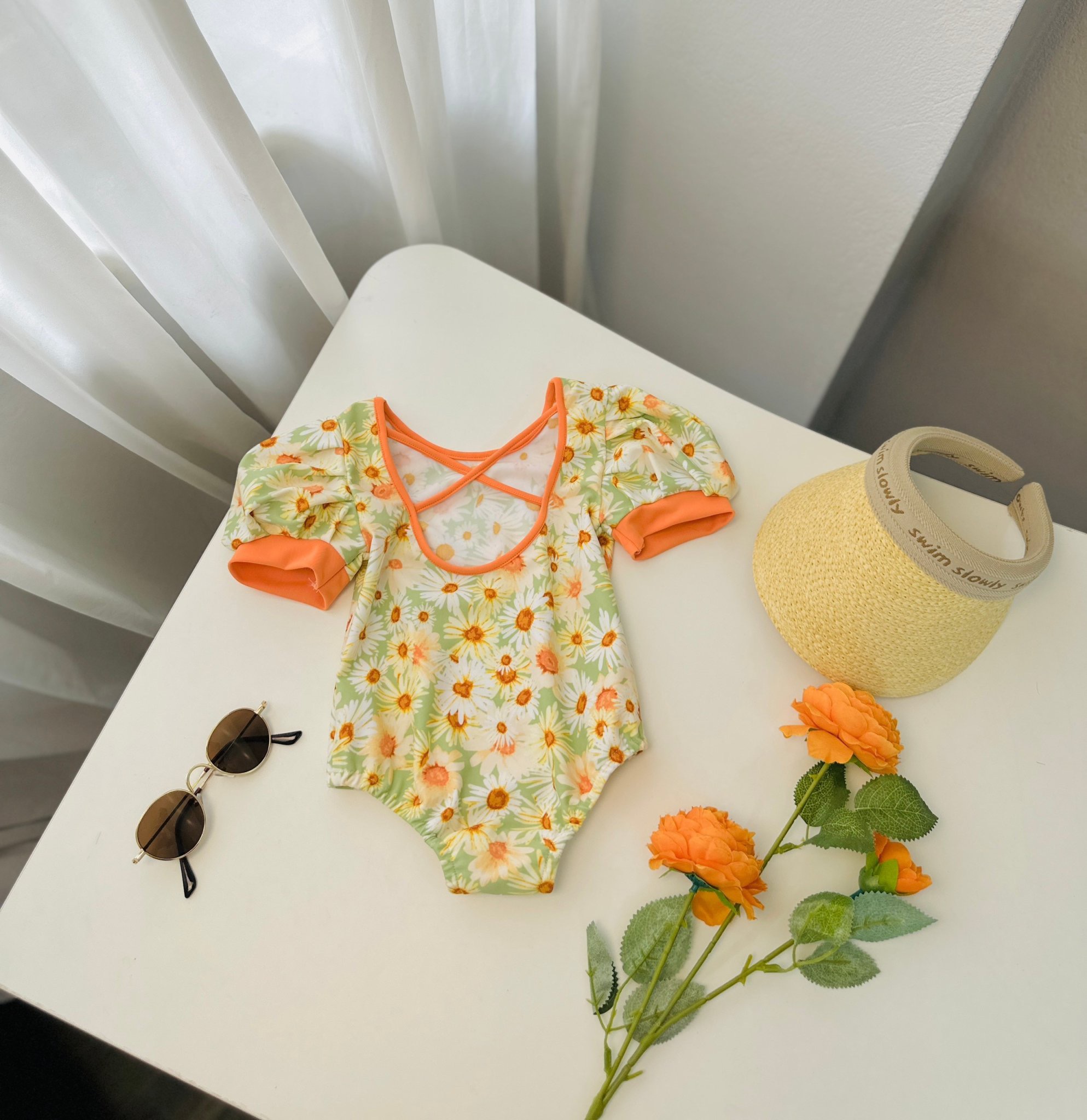 DB00026 - Bộ bơi liền Harifa vai bồng lưng dây đan chéo 3 màu size 9m - 8y