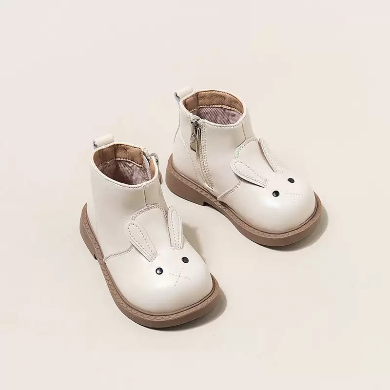 Bốt da cổ thấp hoạ tiết thỏ 2 màu trắng/nâu bé gái size 22-30