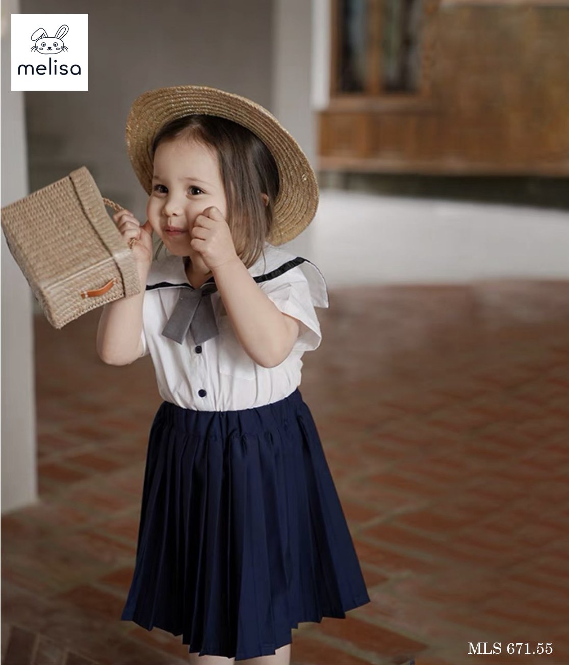 Set thô Melisa áo trắng kèm cavat - chân váy liền quần màu navy size 2 - 11y