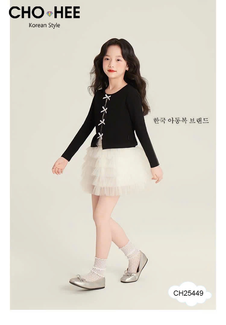 CH25449 - Bộ Cho Hee áo cotton đính nơ + chân váy tutu 2 màu bé gái size 2-11y