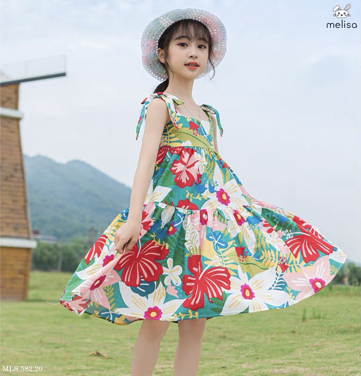 V00005 - Váy thô hai dây nơ vai Melisa hoa sắc màu size 2 - 11y