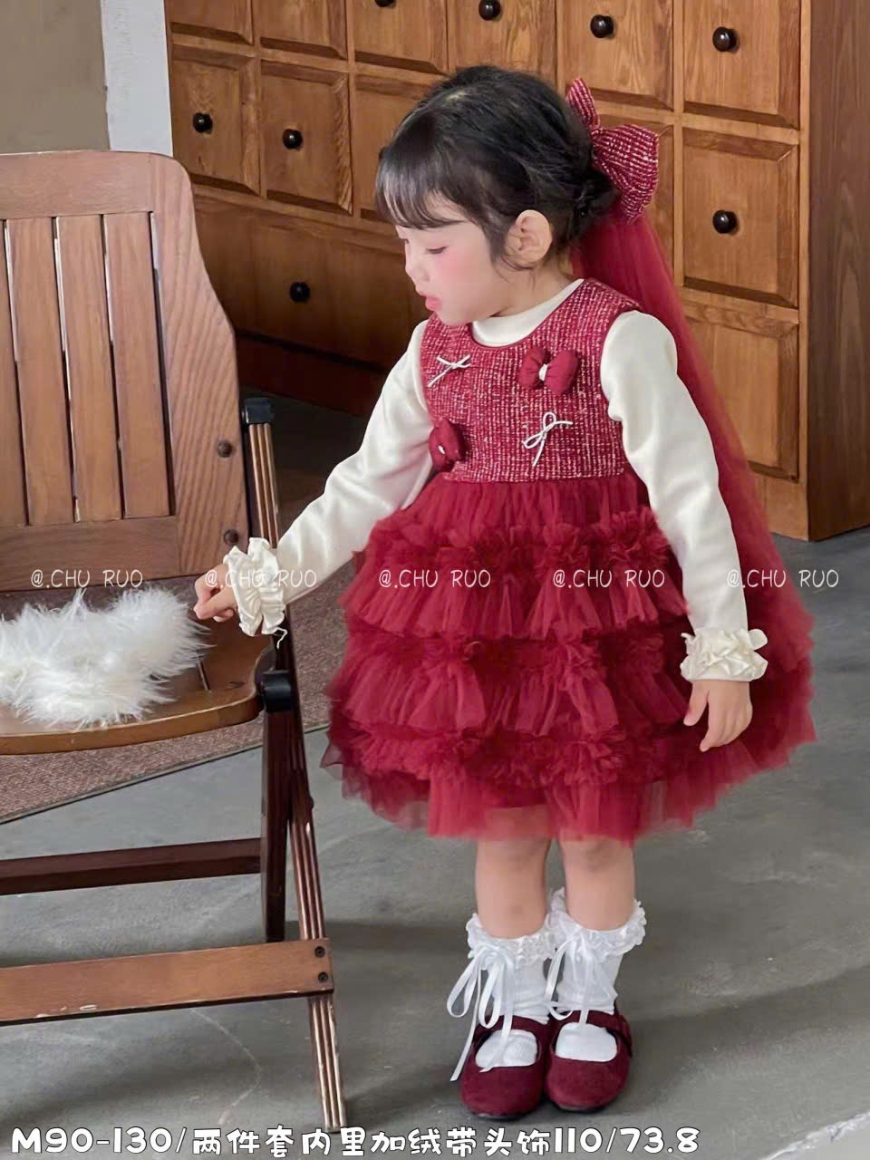 B25110 - Set áo len + váy dạ đính nơ màu đỏ chân váy tutu bé gái size 90-130