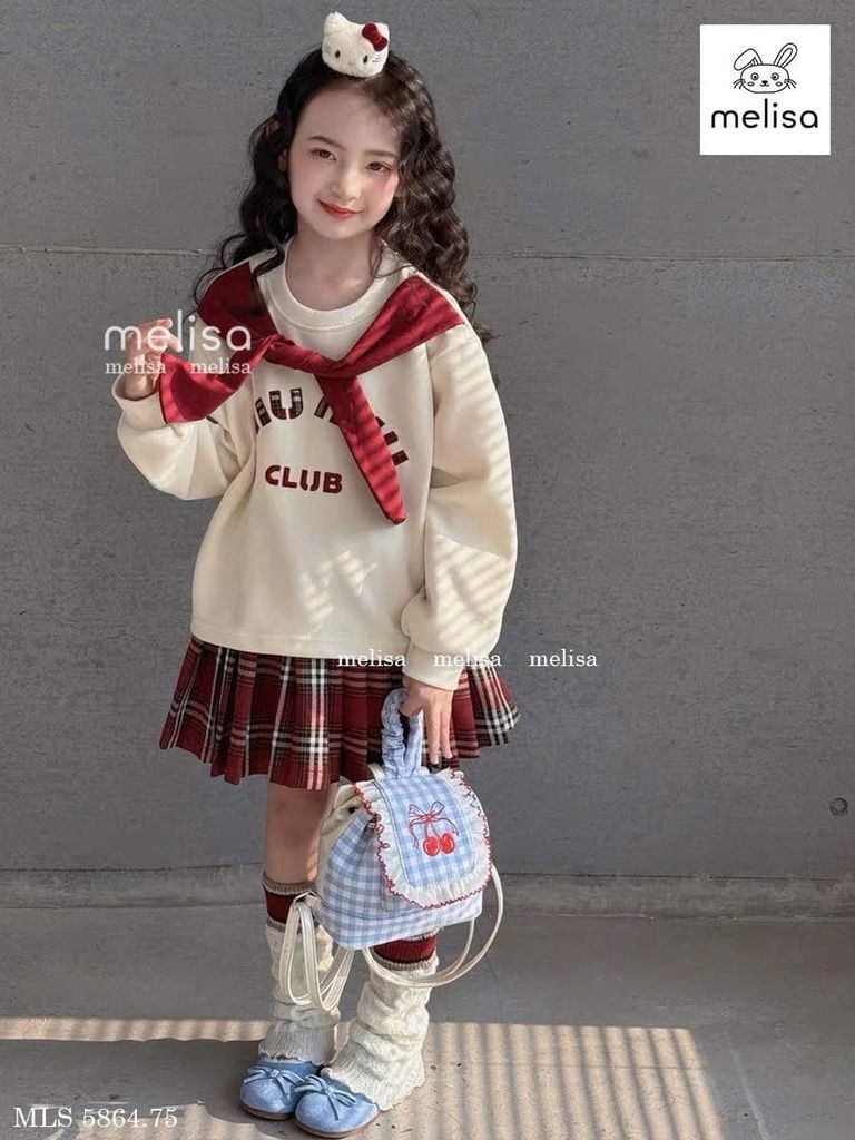 MLS 5864 - Bộ nỉ Melisa áo kem khăn đỏ + chân váy kẻ đỏ bé gái size 2-12y