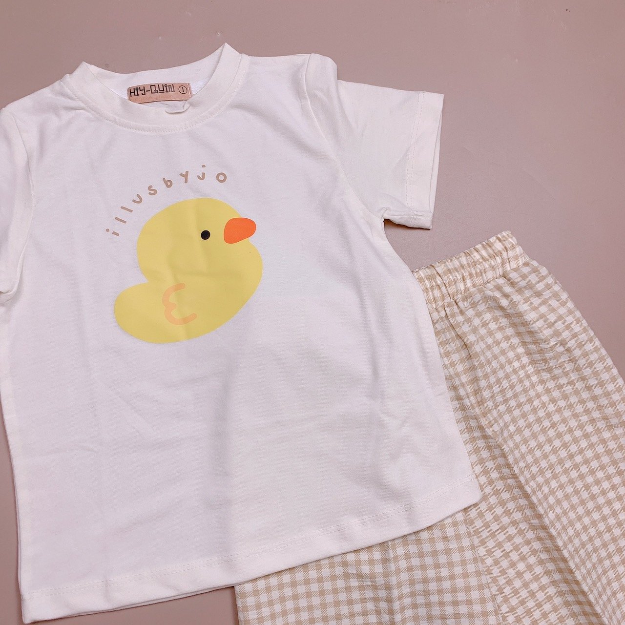 Bộ Hiy - Quin áo cotton hình vịt / gấu + quần kẻ caro nhiều màu size 2-6y