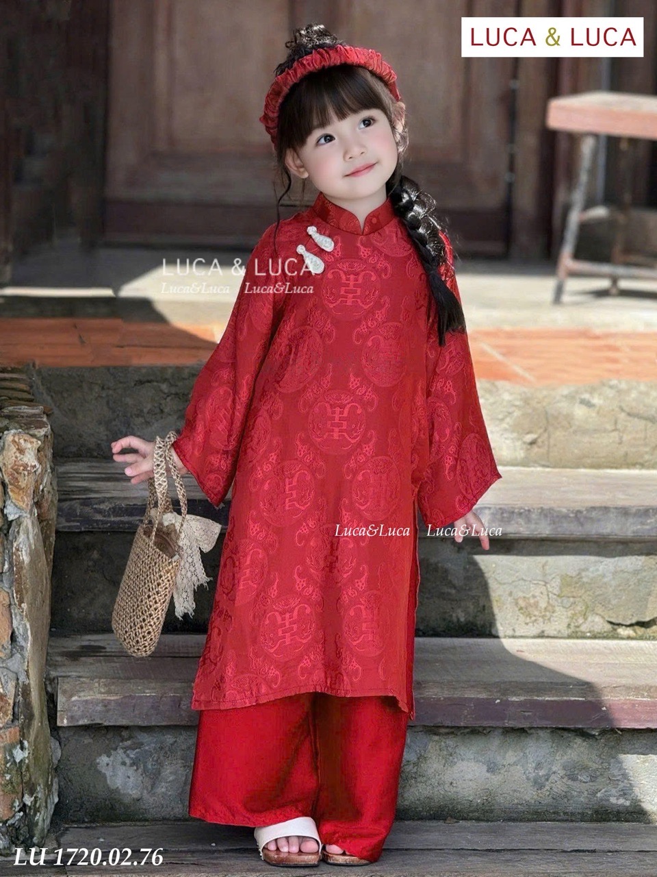 LU 1720 - Set áo dài LUCA gấm quần lụa 2 màu đỏ/xanh bé gái size 2-12y