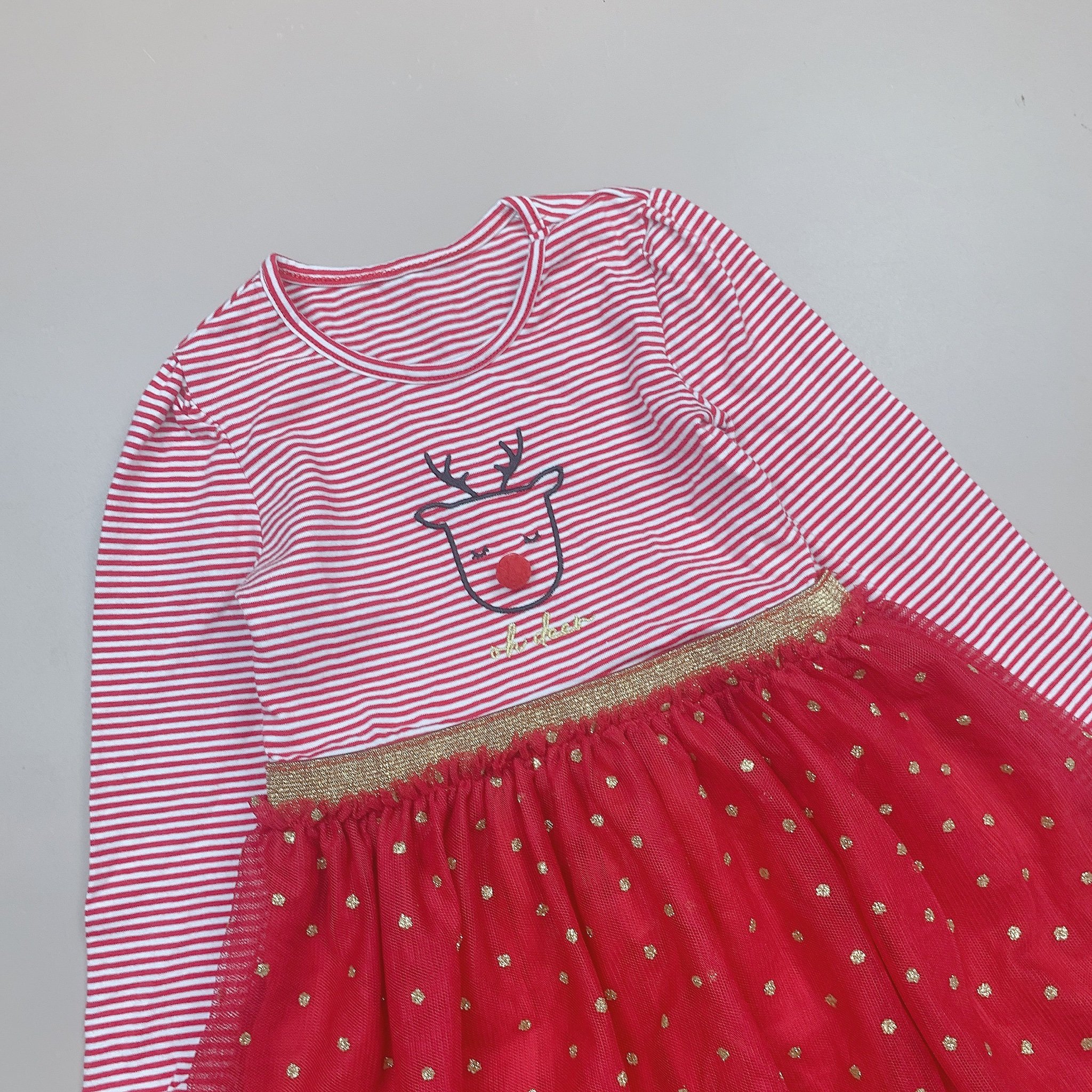 Váy George kẻ đỏ tuần lộc chân voan đỏ chấm nhũ vàng size 18m - 7y