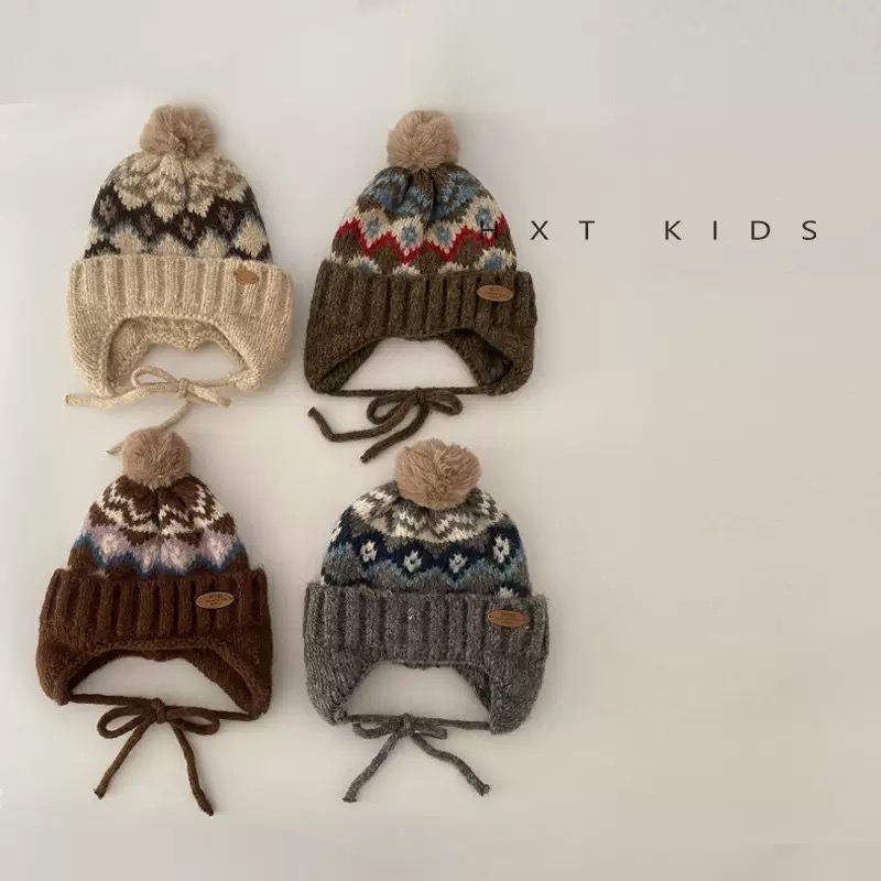 Mũ len chùm tai cục bông họa tiết thổ cẩm cho bé size 47-52cm