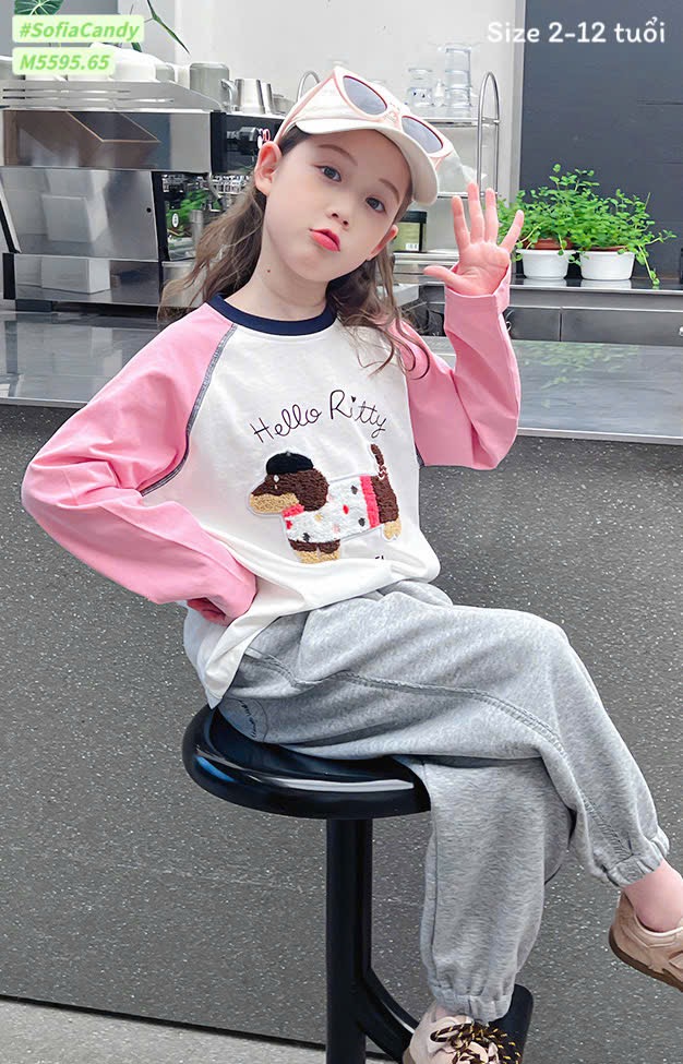 M5595 - Set Mia Kids áo thun trắng hình cún Hello Ritty tay hồng - quần nỉ màu ghi size 2 - 12y