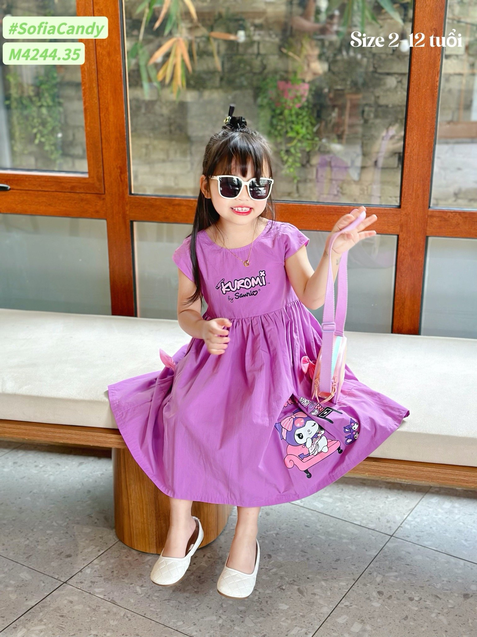 M4244 - Váy Mia Kids Kuromi tím phối nơ túi size 2-12y