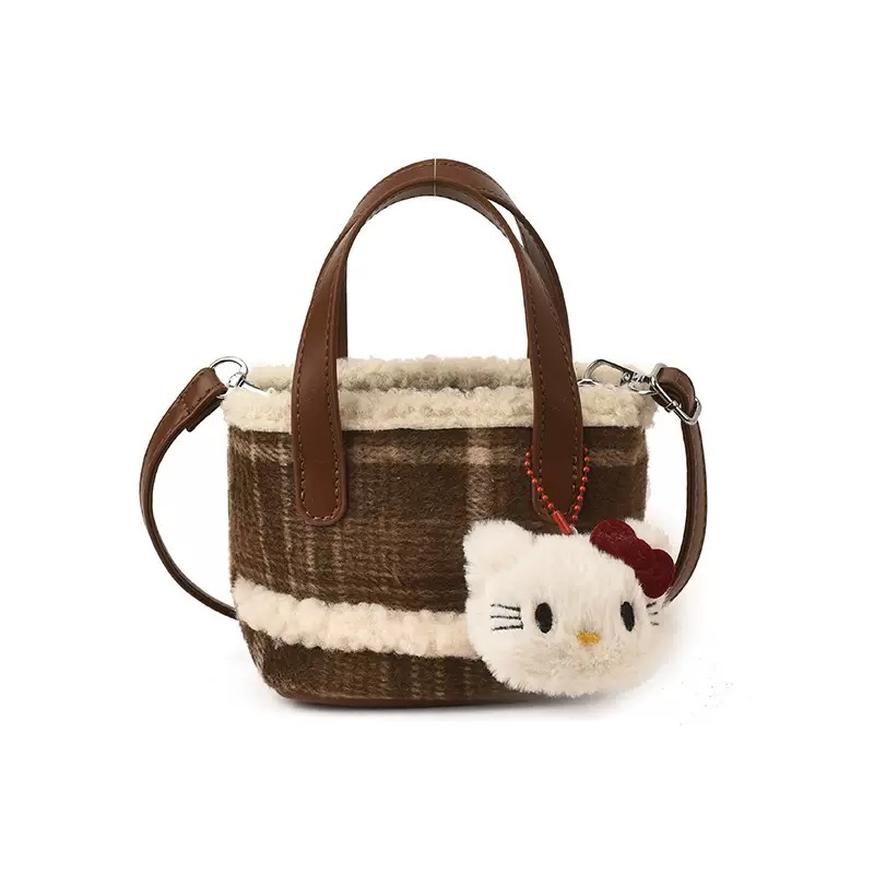 Túi xách tay đeo chéo da lộn kẻ caro charm kitty 2 màu cho bé