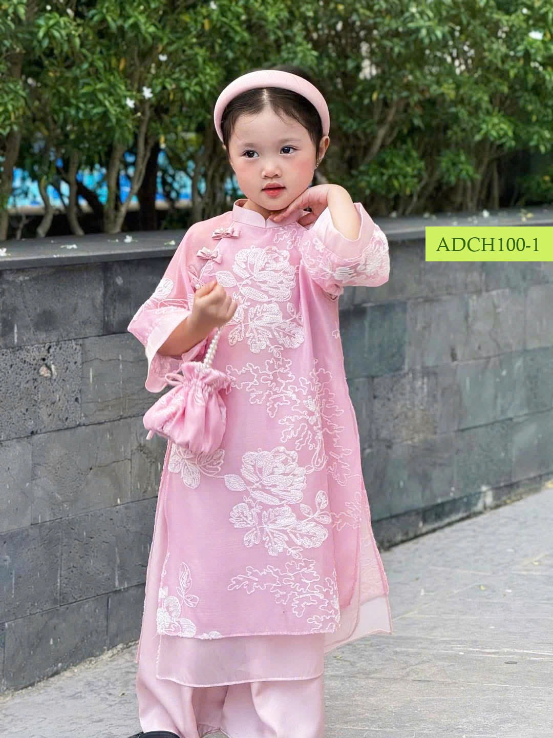 ADCH100 - Áo dài Cho Hee tơ hồng thêu hoa trắng size 3-12y