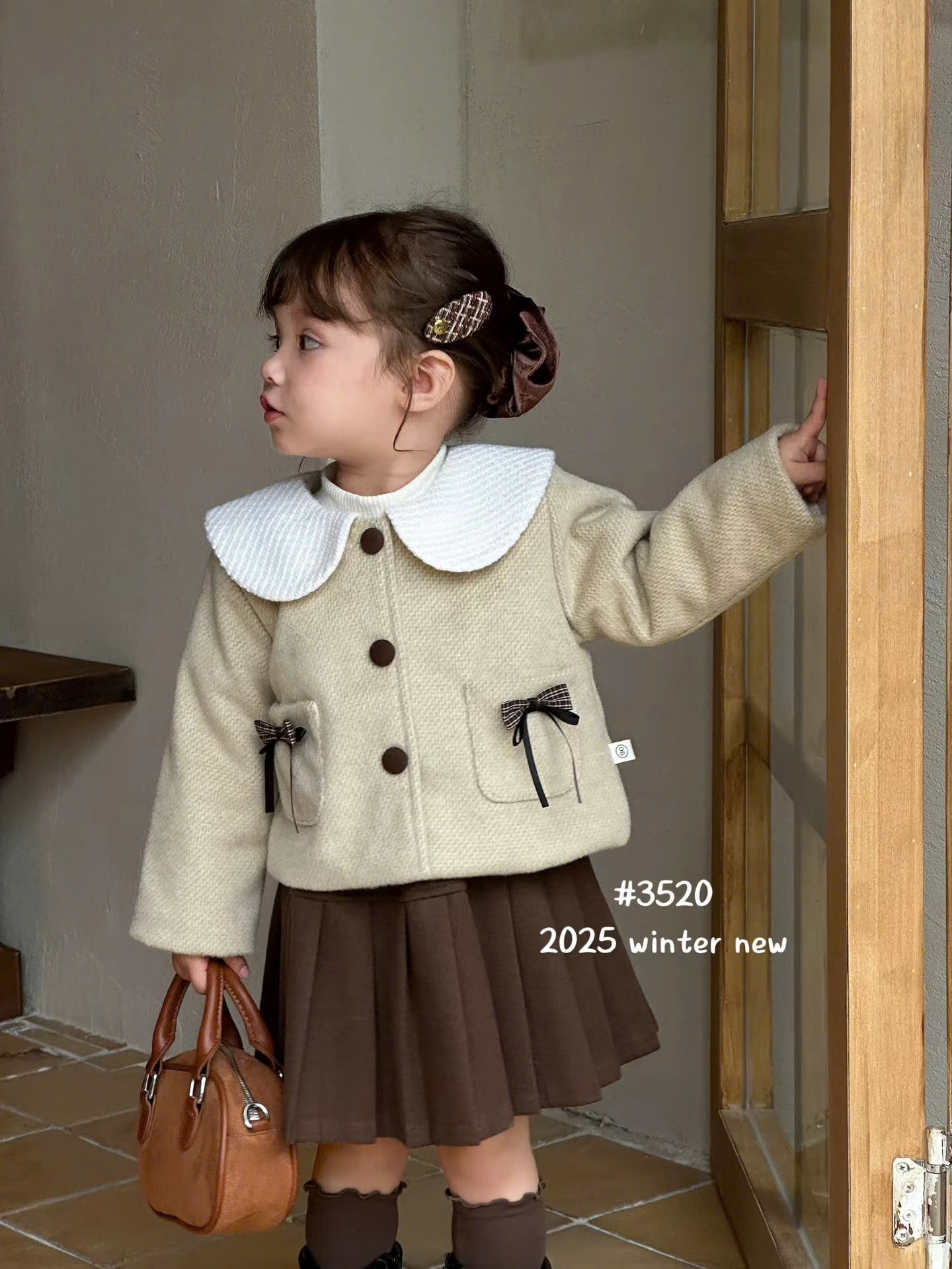 S3520 - Set 3ct QC dạ 2 màu hồng/be cho bé size 90-130