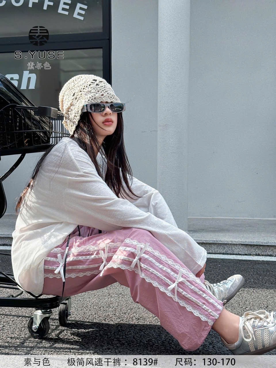 SYS8139 - Quần gió sọc ren nơ màu hồng cho bé size 130-170