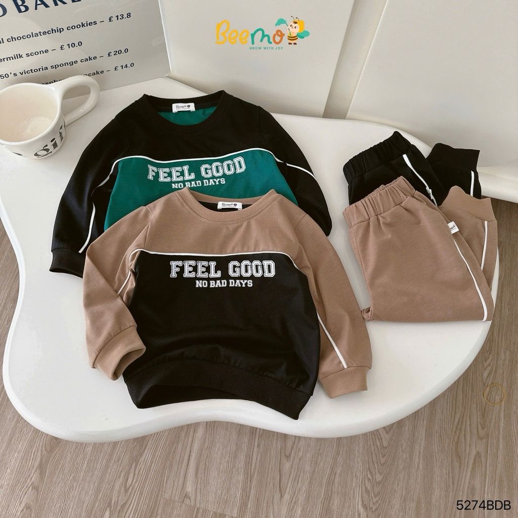 Bộ cotton dài tay phối chữ Beemo 2 màu nâu/xanh bé trai size 1-6y