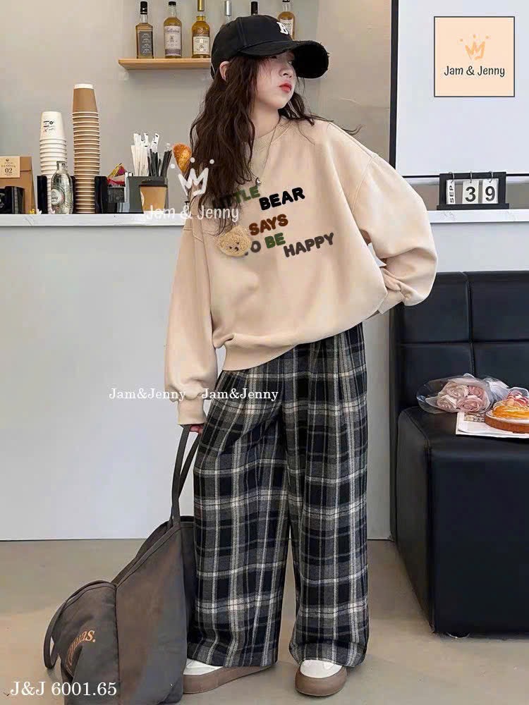 JJ 6001 - Bộ nỉ Jam & Jenny / Chohee màu nâu vintage + quần caro bé gái size 2-12y