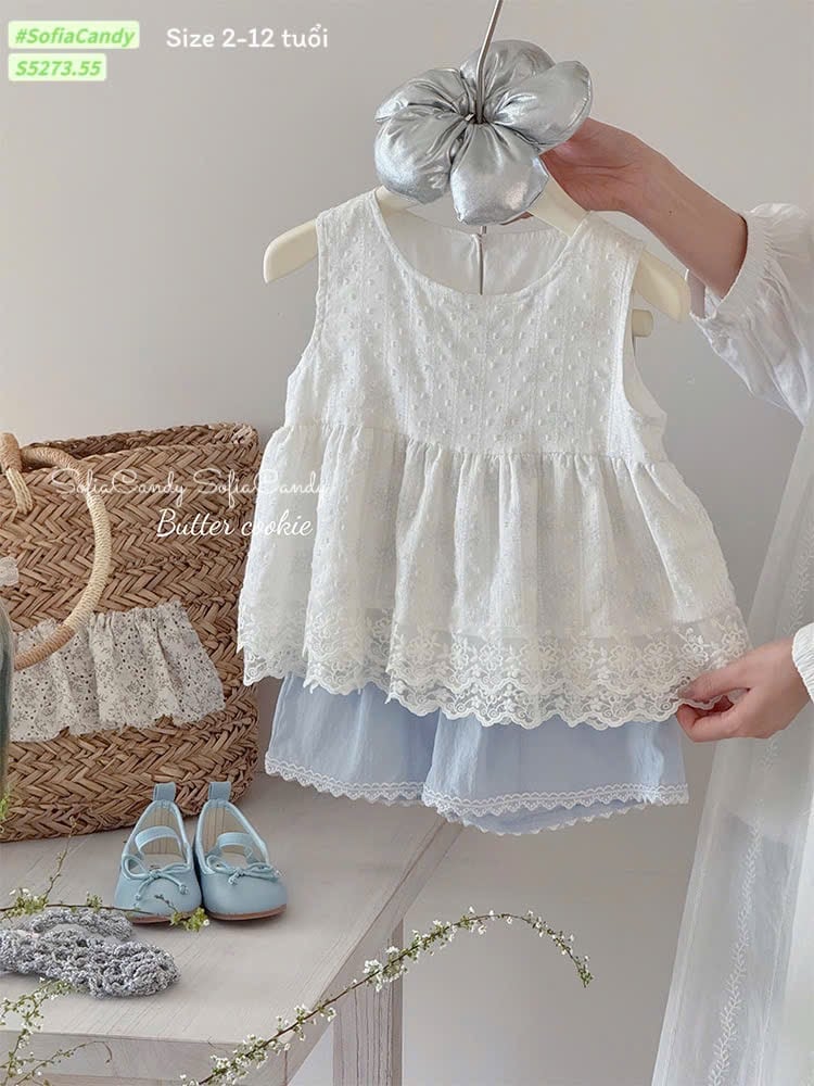 S5273 - Set bộ Sofia Candy áo trắng + quần xanh bé gái size 2-12y