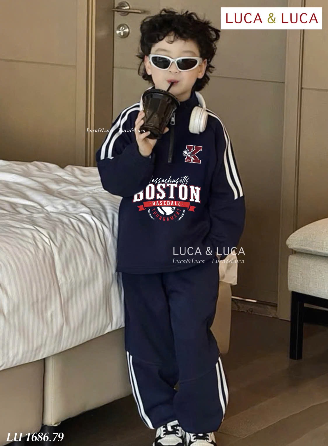 Lu 1686 - Bộ nỉ hai da Luca Boston cổ kéo khóa màu navy bé trai size 2-12y