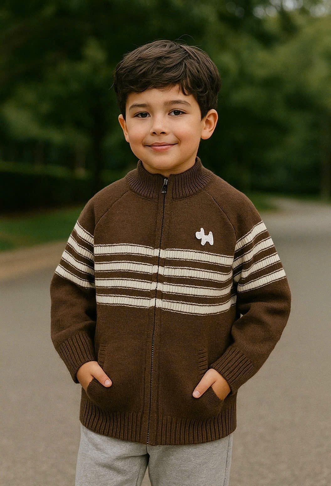 Áo khoác cardigan len QC kẻ sọc thêu cún nhiều màu cho bé trai size 110-150