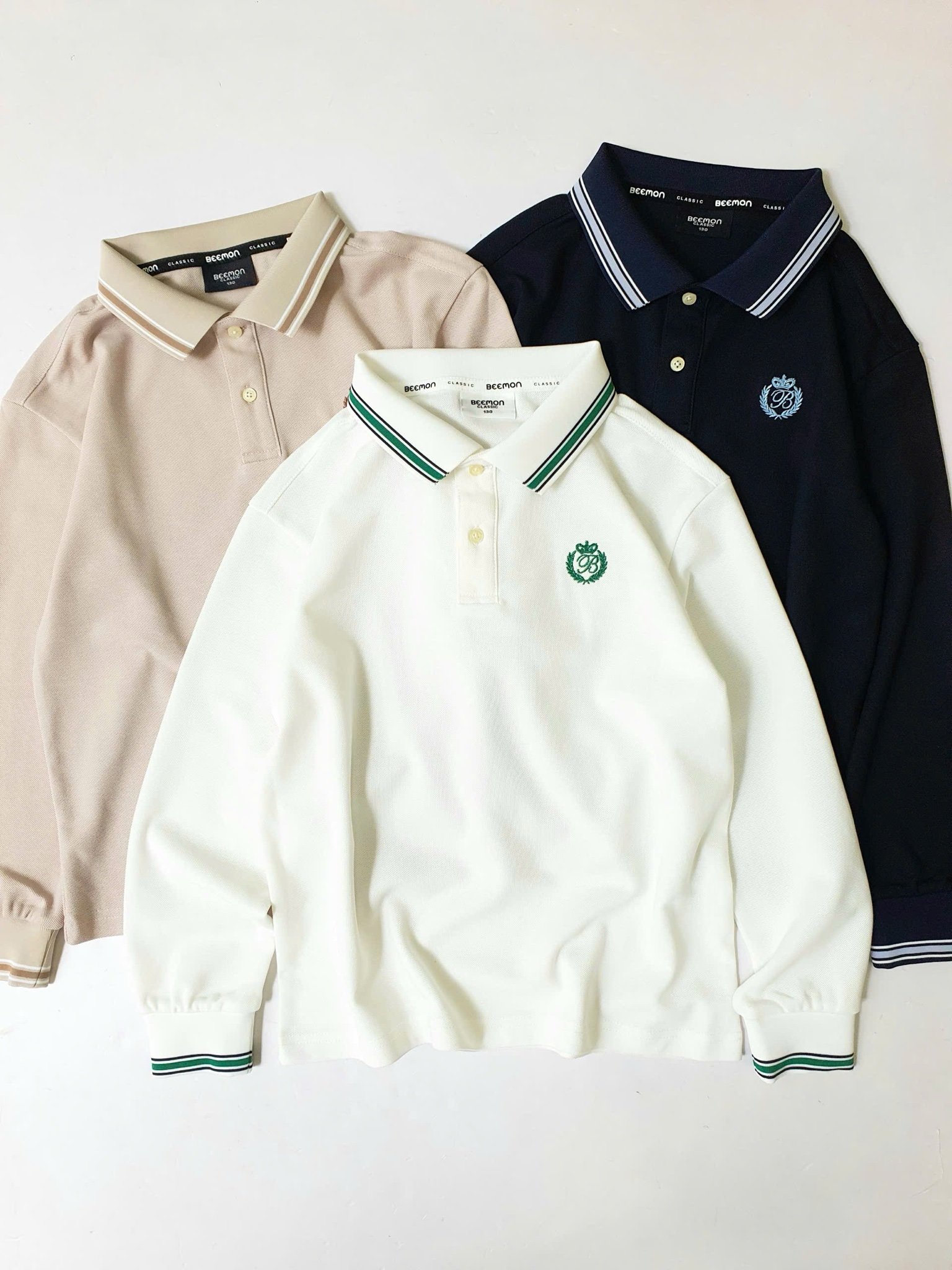 Bộ Polo cổ đức Beemon dài tay 3 màu trắng / be / navy cho bé size 120 - 160