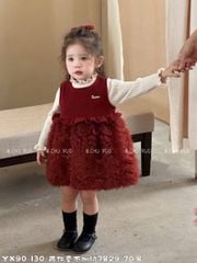 7829 - Set 2ct áo len + váy công chúa màu đỏ bé gái size 90-130