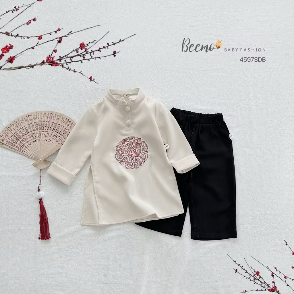 4597SDB - Áo dài Beemo bé trai thêu 2 màu đỏ/be size 80-130
