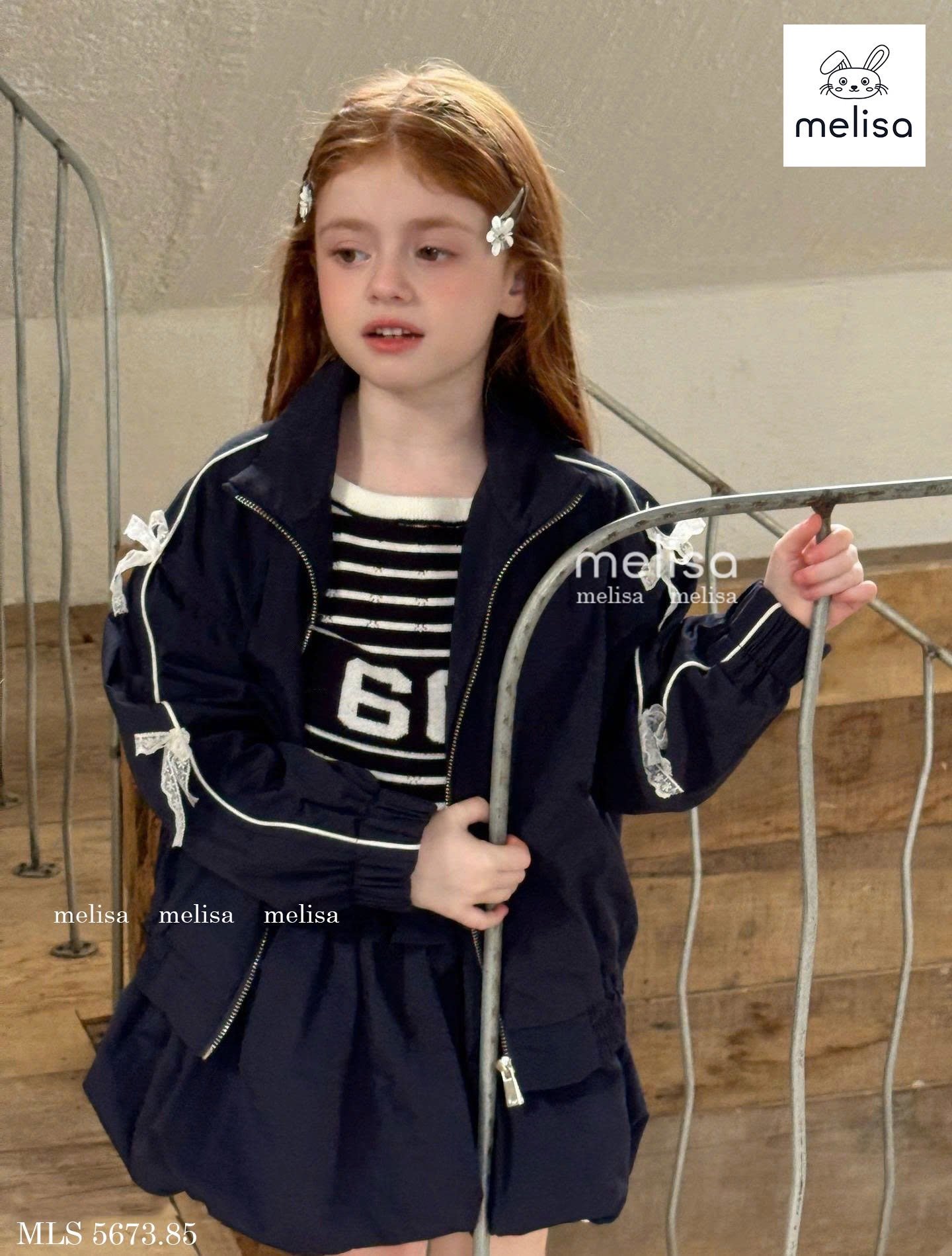 MLS 5673 - Bộ gió Melisa áo khoác navy nơ + chân váy liền quần size 2-12y