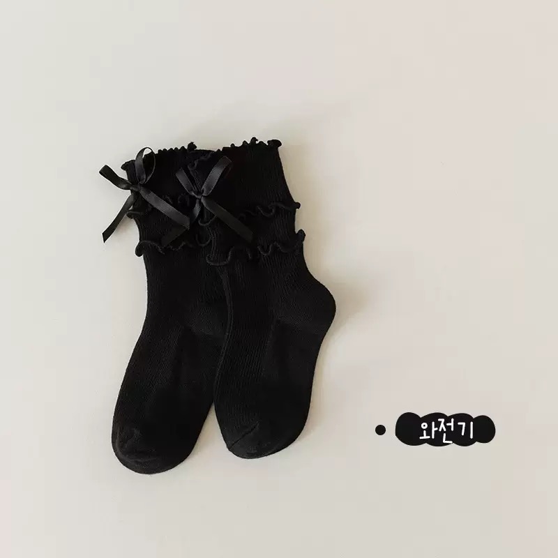 Tất cao cổ bèo nhún đính nơ 3 màu cho bé size 3-12y