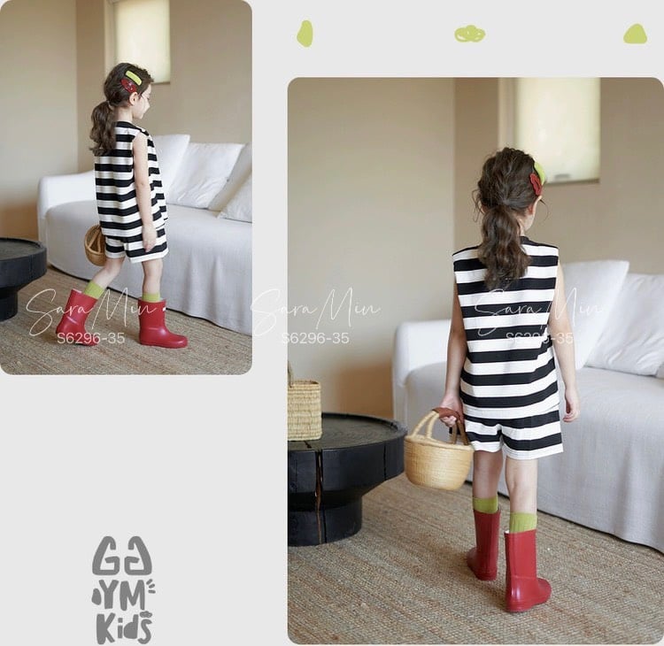 Bộ Sara Min kẻ đen trắng Suprise hình gấu BG size 2-12y