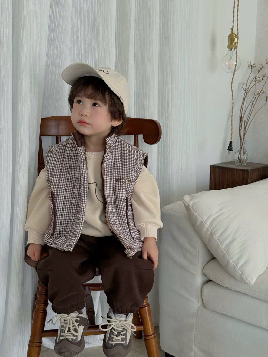 88208 - Set 3ct áo+quần+gile kẻ nâu nỉ lót nỉ tone nâu be cho bé trai size 90-130