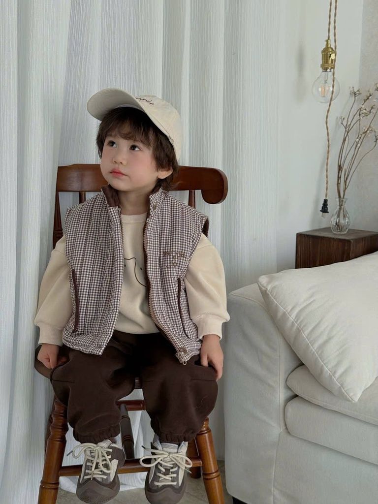 88208 - Set 3ct áo+quần+gile kẻ nâu nỉ lót nỉ tone nâu be cho bé trai size 90-130